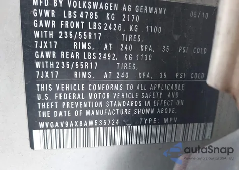 2010 Volkswagen Tiguan Wolfsburg Edition from USA, damaged, VIN WVGAV9AX8AW535724